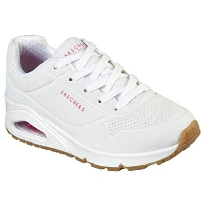 Image of Skechers Women&#039;s Uno Stand on Air Sneaker, White Pu H Pink Trim, Size 10