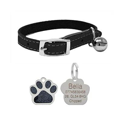 Image of JK Leather Cat Collar, Safety Elastic Bell &amp; Engraved Glitter Tag (Black)