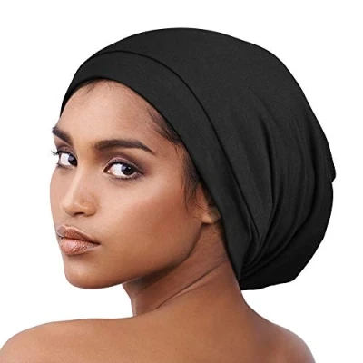 Image of Alnorm Satin Bonnet, Lined Slouchy Beanie Cap for Curly Hair Black