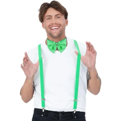 Image of Smiffys Bow Tie &amp; Braces Kit, Green, Party Carnival Fancy Dress, Adult Dress Up Accessories