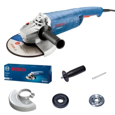 Image of Bosch Professional Corded Angle Grinder GWS 2200 P (110 V, disc Diameter 230mm, 2,200 W Motor, Protection Switch, Auxiliary Handle, Protective Guard, Two Hole Spanner, Backing Flange and Locking nut)