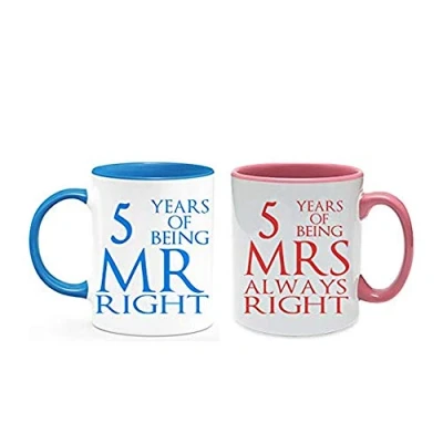 Image of Being Mr Right &amp; Mrs Always Set of 2 Wedding Anniversary, Valentines Day, Coloured Couple Mug Set. (5 Years)