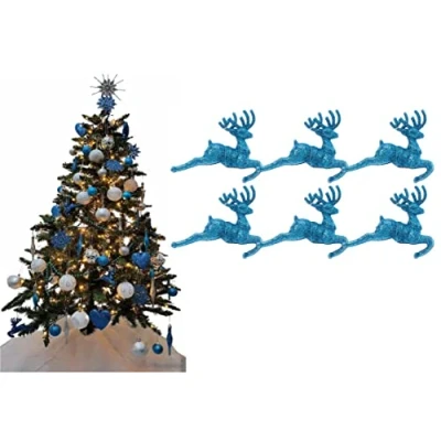 Image of Pack of 6 Hanging Glitter Reindeer Christmas Tree Decorations 2.2cm x 9.5cm (Turquoise)