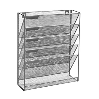 Image of OSCO Silver Wiremesh 5 Tier Magazine Rack Hanging Folder Storage Wall Mounted A4 Organiser Desk Tidy Document Display H35 x W30 D30 cm