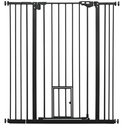 Image of PawHut Extra Tall Dog Gate with Cat Flap, Pet Safety for Doorways Stairs Auto Close Double Locking, 104 cm 74 101 Wide, Black