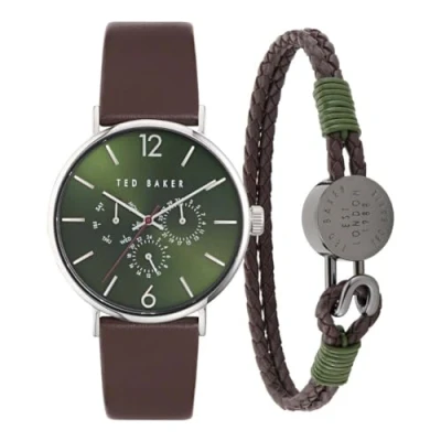 Image of Ted Baker Men&#039;s Phylipa Gift Set (41mm) Green Dial/Brown Leather Strap BKGFW2306