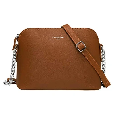 Image of David Jones Women&#039;s Small Crossbody Bag Chain Shoulder Saffiano PU Faux Leather Rigid Messenger Evening Party City Clutch Ladies Zip Handbag Fashion Elegant Simple Camel Brown