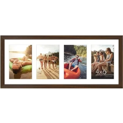 Image of Americanflat 8x20 Panoramic Picture Frame in Walnut Four 6x4 Photo Openings Multi Aperture Collage with Horizontal and Vertical Format for Wall Tabletop