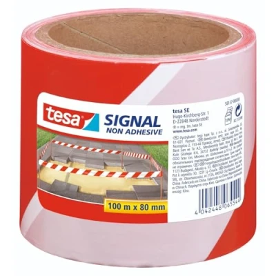 Image of tesa UK 58137 00000 00 Signal Non Adhesive Barrier Tape for Marking of Hazardous Areas, 100 m x 80 mm, Red, White