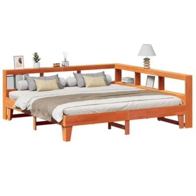 Image of vidaXL Bookcase Bed Frame with Slatted Base and Ample Storage Wax Brown, Pine Wood, Solid Headboard, Super King 180x200 cm