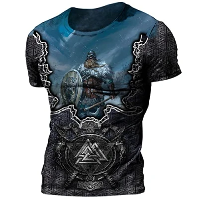 Image of PERSIMONE Men&#039;s Viking T Shirt Retro Casual Odin 3D Digital Print Round Neck Short Sleeve Tops Gym Workout Shirts