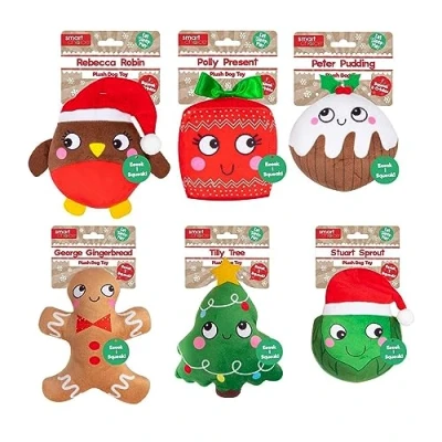 Image of YöL Pack Of 6 Plush Christmas Dog Toys Squeaker Crinkles Pet Puppy Gift Present Robin Xmas Pudding Sprout Tree Gingerbread