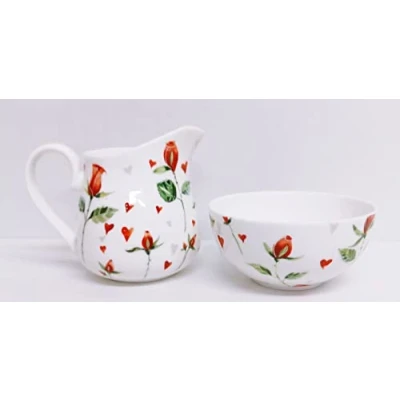 Image of Hearts &amp; Red Roses Cream/Milk Jug and Sugar Bowl Fine Bone China Matching Set Hand Decorated UK