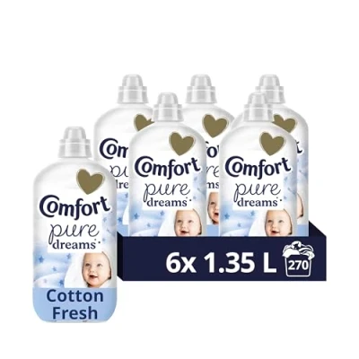 Image of Comfort Pure Dreams Cotton Fresh sensitive fabric Conditioner dermatologically tested softener gentle next to skin 270 washes (6x 1.35 L)