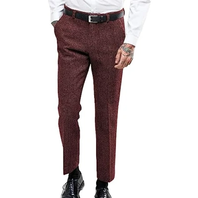 Image of Solovedress Men&#039;s Vintage Herringbone Suit Trousers Regular Fit Business for Wedding Groomsmen, burgundy, 38 W/30 L