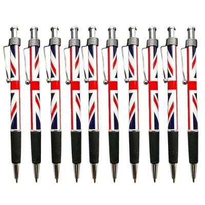 Image of LILAJ Set of 10 Union Jack Flag Retractable Ballpoint Pens Souvenir &amp; Stationery Patriotic Writing Instruments for Office, School, and Gifts Party Decoration