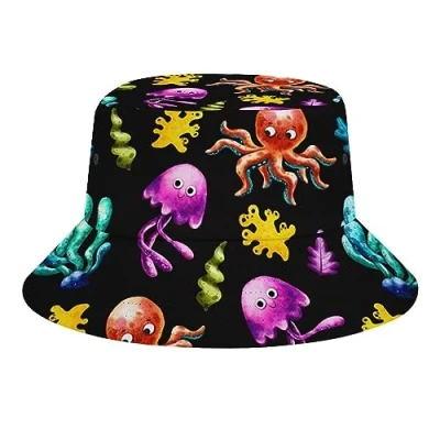 Image of Sea Creatures Octopus Fish Pattern Portable Bucket Hat for Women Men Breathable Sun Cap Fisherman Travel Beach Funny