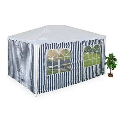 Image of Relaxdays Gazebo Side Panels, 2x Set, 3x4m, Waterproof, Easy Fastener, Roof, Party Tent, Plastic, Window, Blue/White, Polyester, 200 x 400 0.1 cm