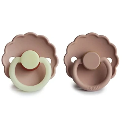 Image of FRIGG Daisy Night Latex Pacifier 2 Pack Natural Glow in The Dark Soother Cherry Shaped Nipple BPA Free Made Denmark Dummy Blush Night/Blush Size (6 18 Months)