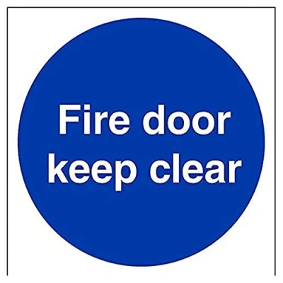 Image of V Safety 18005AT S Fire Door Keep Clear Mandatory Sign Square 200mm x Self Adhesive Vinyl, Blue