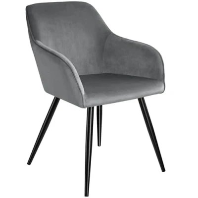 Image of TecTake® Dining Chair in Velvet Look with Steel Legs, Stable &amp; Thickly Padded Armchair, Ergonomic Design Easy Assembly Ideal as Dining, Living Room, Bedroom Office Grey/Black