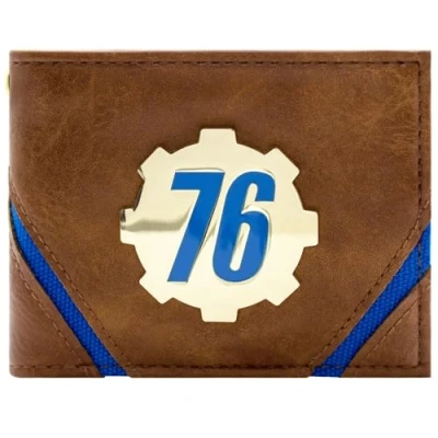 Image of Fallout 76 Gold Metal Badge Vault Tec Cog Emblem Bi Fold Wallet ID &amp; Card Holder, Brown, One Size, Taille Unique, Size