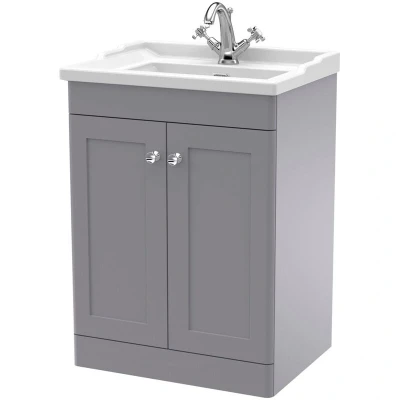 Image of nuie CLC225F Classique Floor Standing 2 Door Vanity Unit &amp; 1 Tap Hole Ceramic Basin, 600mm, Satin Grey
