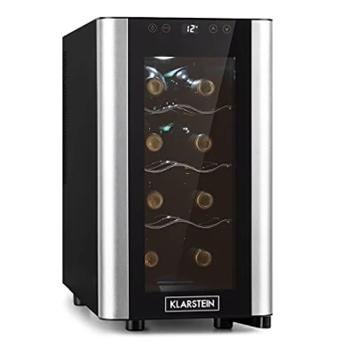 Image of KLARSTEIN Reserva Slim Uno Wine Refrigerator 23 Litres/8 Bottles, Temperature: 11 18C, Low Noise: 26 dB, Three Metal Shelf Levels, LED Lighting, UV Protection, Cooler, Colour: Black