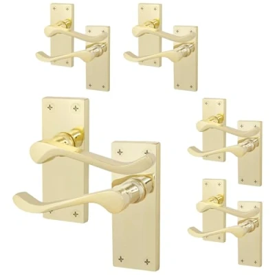 Image of EAI Polished Brass Victorian Scroll Door Handles 5 Pairs of Internal Lever Latch on Backplate