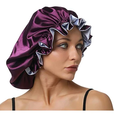 Image of Sengterm silk sleep cap, women&#039;s night satin, adjustable double layer hair care cap for curly hair, long (XL, lilac blue)