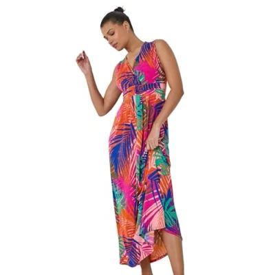 Image of Roman Originals Maxi Dress for Women UK Ladies Twist Knot Front Empire Waist Summer Party Casual Holiday Bohemian Beach Cruise Evening Long Sleeveless V Neck Jersey Pink &amp; Multicoloured Size 18