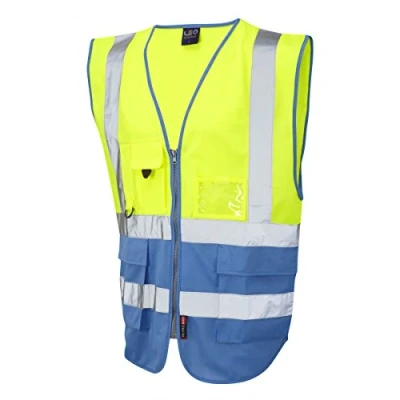 Image of Leo Workwear Lynton W11 Dual Colour Hi Vis Class 1 Multi pocket Superior Waistcoat, 3XL, Yellow Deep Sky Blue