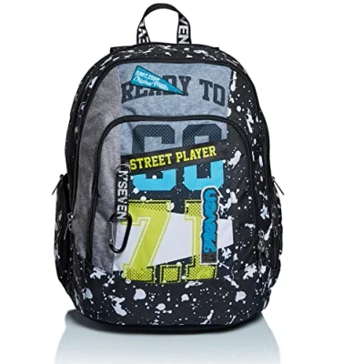 Image of Seven Backpack, Advanced, STREET PLAYER Knapsack Padded School Bag, Book One Size For Teen, Girls&amp;Boys, Large Capacity, School, Sport &amp; Free Time, Laptop Sleeve, USB Port, black/white