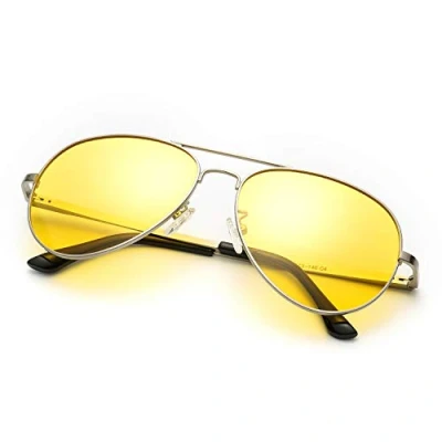 Image of SODQW Night Driving Glasses, HD Vision Anti Glare Safety Glasses Yellow Lens for Driving, 100% UVA UVB Protection, L, Silver Frame