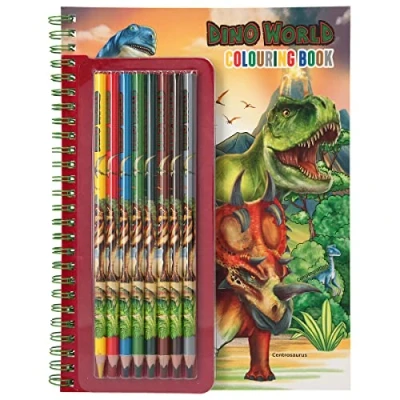 Image of Depesche 11385 Dino World Colouring Book with Small Pencils Set of 8 Pencils, a Sticker Sheet and Many T Rex, Dinosaur Jungle Motifs to Colour Stick On