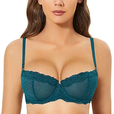Image of DOBREVA Women&#039;s Sexy Lace Balconette Bra Unlined Underwire Open Half Cup See Through Sheer Balcony Spruce Green 38C