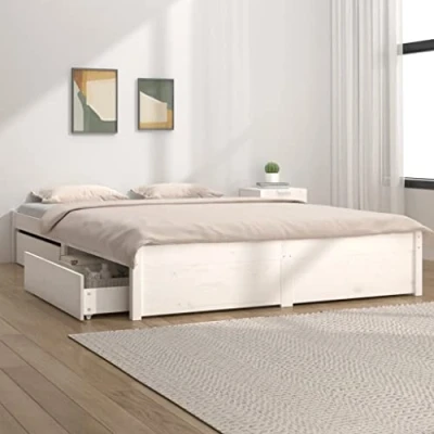 Image of vidaXL Double Bed Frame With Four Drawers in White Solid Pinewood Construction Modern, Bohemian Design Sturdy Slats Ideal for Bedroom