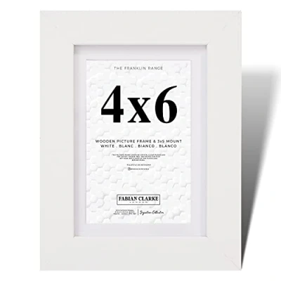 Image of Fabian Clarke London® 6x4 Modern White Wooden Picture Photo Frame with 5x3 Mount Includes Glass Front Hang Portrait or Landscape