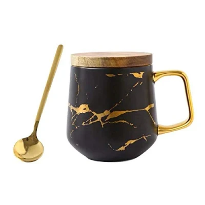 Image of Eplze YBK Tech Porcelain Tea Cup Coffee Mug Set for Afternoon Marble Pattern (Black, Tall 400ml + Wood lid)