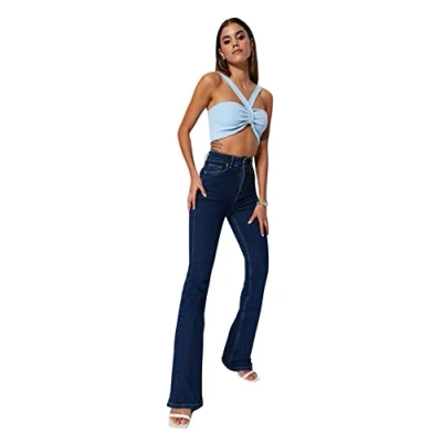 Image of Trendyol Women High Waist Flare Leg Jeans,Dark Blue,40
