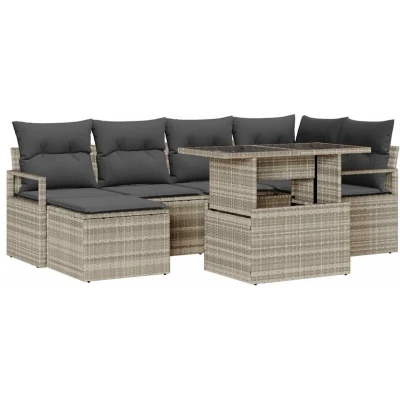 Image of vidaXL 7 Piece Garden Sofa Set with Cushions Light Grey Poly Rattan