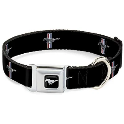 Image of Buckle Down Dog Collar Seatbelt Ford Mustang Bars Logo Repeat 18 to 32 Inches 1.5 Inch Wide
