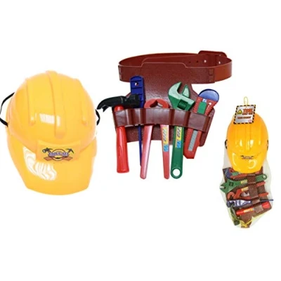 Image of KandyToys Kids Play Pretend Dress Up Construction Helmet with Tool Belt and Toy Toolkit Toys Builder Fancy