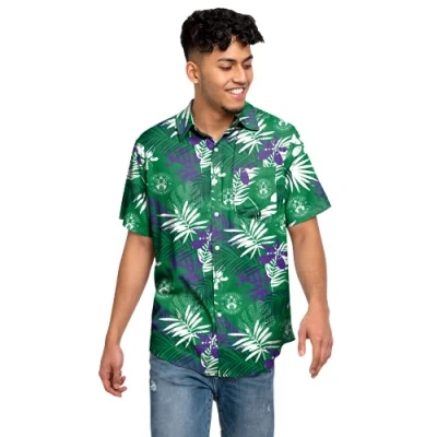 Image of FOCO Hibernian FC Football League One EPL Floral Button Up Smart Short Sleeved Dinner Dress Shirt Large