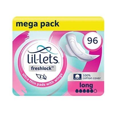 Image of Lil Lets Freshlock™ Ultra Thin Period Pads 96 Count, Long Absorbency, with Wing, 8 Packs of 14 Bulk Pack, Unscented, 100% Cotton Cover, Super Absorbency Sanitary Towels