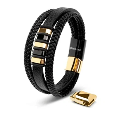 Image of SERASAR Gold Bracelets for Men 17cm Bracelet Gift Box Genuine Leather Cowhide Braided Adjust Able Magnetic Clasp Multi Layer Wrap Rope Man Mans Male Band Jewelry Magnet Accessories