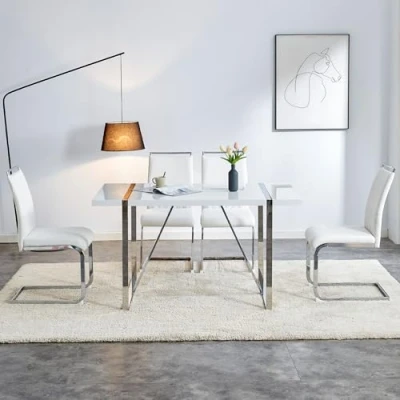 Image of Merax Modern Dining Chairs Set of 2, Made PU Faux Leather and Linen, High Back Padded Side Chair Suitable for Room, Kitchen, Guest Office, White