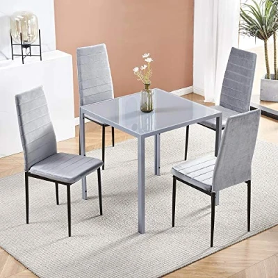 Image of Modern Grey Glass Dining Table and Chairs Set of 4 for Small Kitchen, 5 Piece Tempered Squre Velvet Dinette Apartment Space Saving