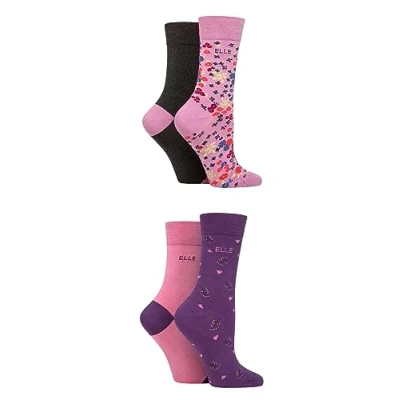 Image of Elle Ladies Bamboo Fibre Socks Plain, Striped &amp; Patterned Casual Day to in a Multipack of 4 Size 8 Pink Pattern