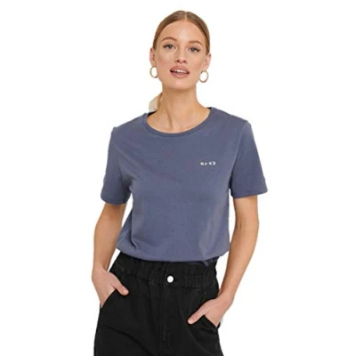 Image of NA KD Women&#039;s Basic Logo Tee T Shirt, Dusty Midnight Blue, XX Small